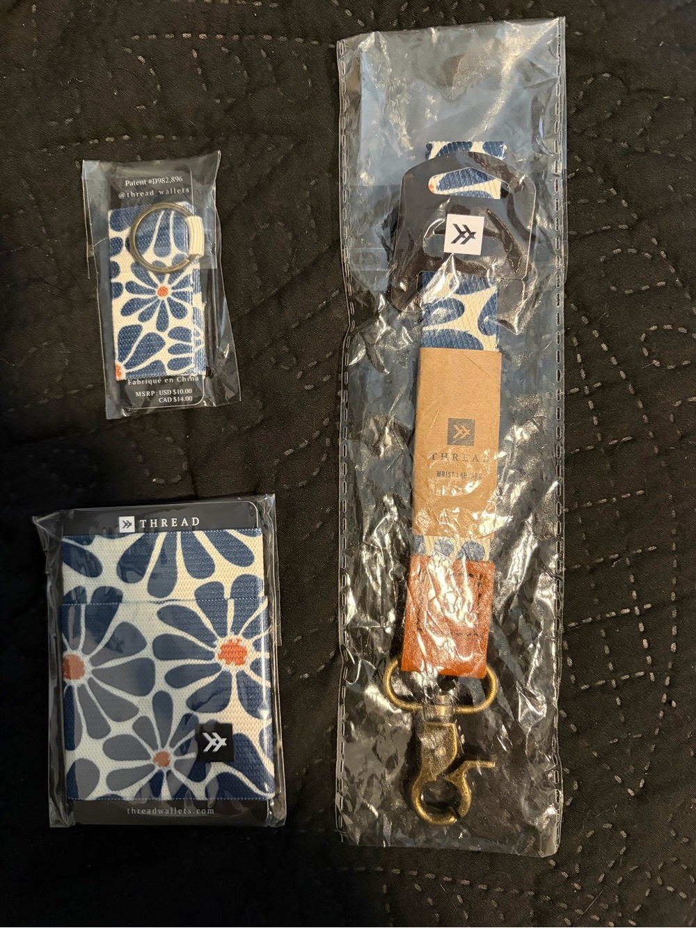 Navy Floral Elastic Card Wallet with Key Ring, wrist lanyard and lip balm cover